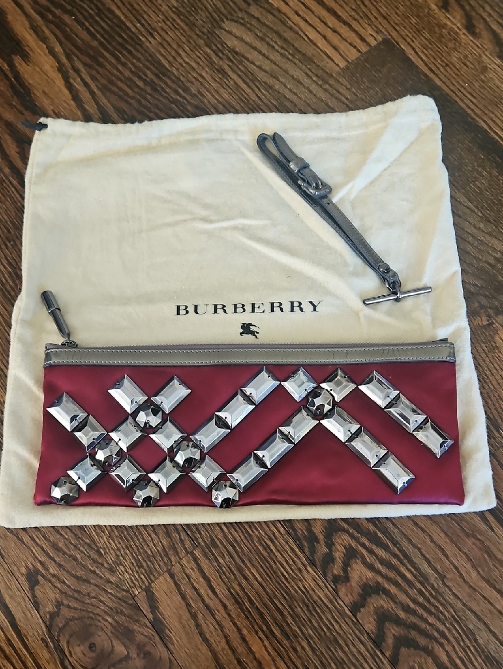 Burberry Red Scarlett Satin  Studded Wristlet Clutch